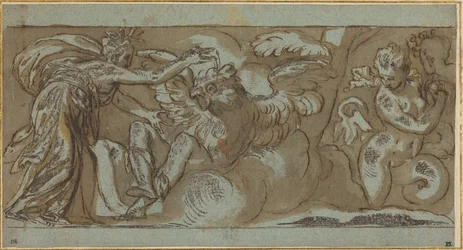 Cérès changeant Ascalaphus en un oiseau de mauvais augure (plume et encre brune avec lavis brun rehaussé de blanc sur papier vergé bleu)