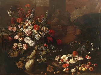 Nature morte avec fleurs, fruits, champignons et oiseaux