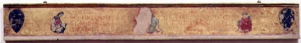 Prédelle montrant le Christ ressuscitant du tombeau entre la Madone et Saint Jean