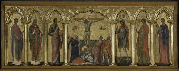 Saint Stratonicus, Saint Hermolaus, Saint Matthieu, Saint Christophe, Sainte Thècle et Saint Abundius, Polyptyque de la Crucifixion avec Saints