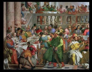 Les Noces de Cana, détail de la table de banquet avec un homme en robe verte et un nain avec un perroquet (détail)