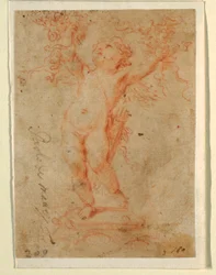 Cupidon levant des bouquets de fleurs avec les deux bras