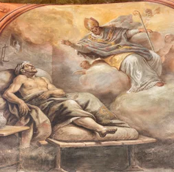 Fresques de Paolo de Matteis datées de 1714 sur la voûte et sur le tambour, représentant la vie du saint, chapelle de San Cataldo dans la cathédrale, Tarente, Italie (photo)