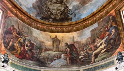 Fresques de Paolo de Matteis datées de 1714 sur la voûte et sur le tambour, représentant la vie du saint, chapelle de San Cataldo dans la cathédrale, Tarente, Italie (photo)