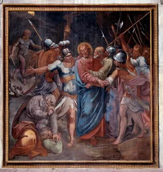 Vie du Christ : « Le baiser de Judas et la capture du Christ » (Passion du Christ, le baiser de Judas et la capture de Jésus), fresque (1536-1601), 1594-1600, Rome, église Santa Prassede (Santa Prassede), Italie