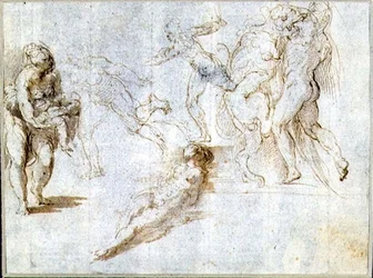 Études de figures : femme tenant un bébé ; homme poursuivi par un autre ; femme nue allongée sur le sol ; Hercule et le lion de Némée
