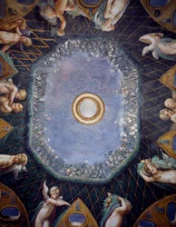 Putti et aperçu du ciel, vers 1524, par Francesco Mazzola, dit Parmigianino, fresque, voûte de la Salle de Diane et Actéon, Rocca Sanvitale, Fontanellato, près de Parme, Émilie-Romagne, Détail, Italie