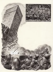 Soldats espagnols faisant sauter des fortifications avec de la poudre à canon (gouache sur papier)