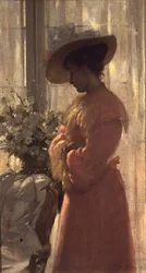 Dame dans un intérieur rose
