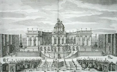 La Grande Grotte et le Jardin de la Fontaine au Palais et Jardins de Plaisir Princier, Berlin, gravé par Johann August Corvinus, publié vers 1711-16