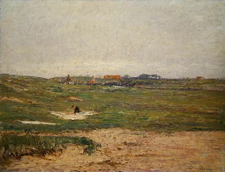 Ferme avec femme étendant le linge