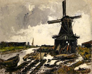 Paysage de canal avec un moulin à scie en bois, vers 1885