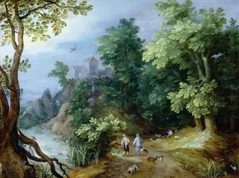 Paysage avec chasseurs et chiens