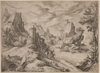 Paysage fluvial avec des voyageurs