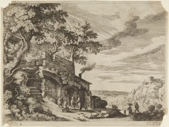 Bergers devant un bâtiment en ruine