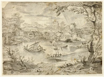 Vue de la ville avec bateau de pêche au premier plan