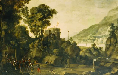 Paysage fluvial montagneux avec une scène de la vie de Guillaume Tell