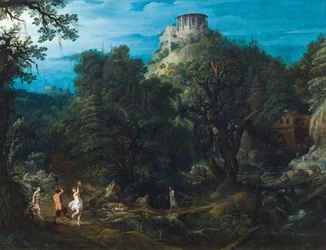 Paysage fortement boisé avec le temple de Vesta à Tivoli et un satyre et des nymphes dansant dans une vallée (huile sur cuivre)