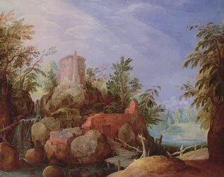 Paysage fantastique avec une cascade et un pont