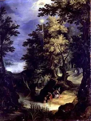 Paysage représentant le baptême du Christ et le sermon du baptême
