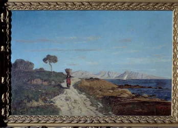 Autour de Marseille en 1866 : paysage marin avec une femme portant un panier sur la tête et marchant sur une route. Peinture de Paul Camille Guigou (1834-1871). 1866. Musée de Périgord