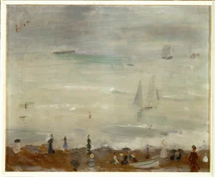 Sur la plage, Dieppe, impression, mer grise (huile sur toile)