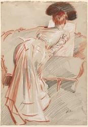 Femme (peut-être Madame Alice Hellu) regardant un dessin