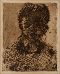 Tête de jeune fille. Gravure par Paul Cézanne (1839-1906).
