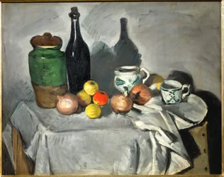 Nature morte : Pots, bouteille, tasse et fruits (huile sur toile)