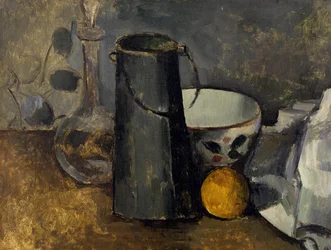 Nature morte avec carafe, bidon de lait, bol et orange