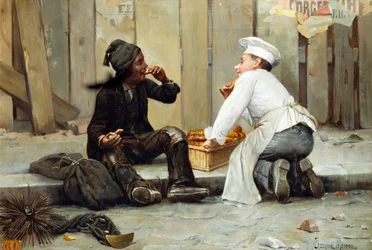 "Le petit boulanger et le petit ramoneur" Les deux enfants savourent des viennoiseries sur le trottoir. Le ramoneur est recouvert de suie alors que le boulanger a des vetements d