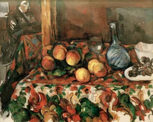 Pêches, carafe et personnage