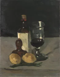 Nature morte avec bouteille, verre et citrons