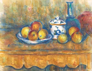 Nature morte avec bouteille bleue, sucrier et pommes
