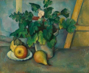 Pot avec primevères et fruits