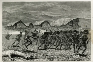 Descente des guerriers Papus Arfaks à Dorey (Nouvelle-Guinée occidentale), gravure par E. Mesples, pour illustrer le voyage en Nouvelle-Guinée par Achille Raffray, chargé d