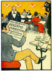 Affiche publicitaire pour une imprimerie représentant une scène de bar
