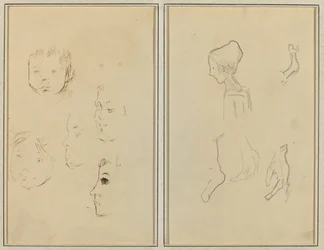 Cinq études de têtes ; Un garçon de profil avec des études de mains et de pieds (verso)