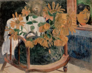 French: Nature morte avec des tournesols sur un fauteuil (II) Sunflowers