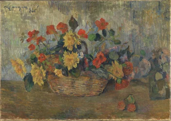 Capucines et dahlias dans un panier