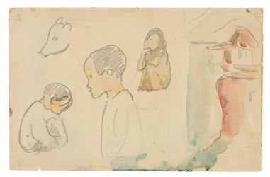 Croquis de figures accroupies et debout, un cochon et une hutte au bord de l