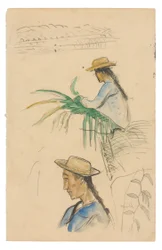 Croquis de figures, feuille de pandanus et plante de vanille