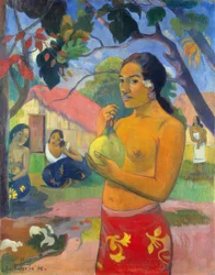 Tahiti : femme tenant un fruit (Où vas-tu ? / Eu haere ia oe ?), Paul Gauguin (1893)