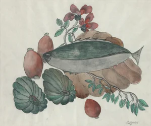 Nature morte : poissons, fleurs et légumes