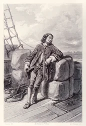 Le capitaine Lemuel Gulliver en mer sur son navire marchand, tiré de l’édition française des « Voyages de Gulliver » de Jonathan Swift