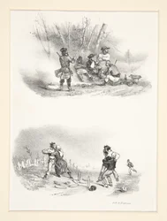 Deux sujets: Cinq chasseurs; Un homme et une femme