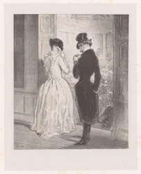 Homme avec femme masquée devant la salle de bal