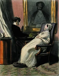 Femme enceinte avec sa mère (lithographie en couleur)