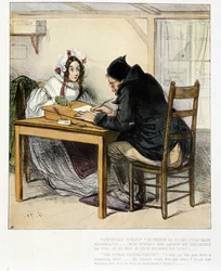 Écrivain public écrivant une lettre pour une jeune femme : gravure de Gavarni