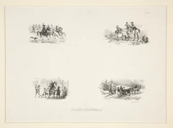 Quatre sujets: Une cavalcade; Quatre enfants; Une paysanne portant un petit enfant; Voyageurs